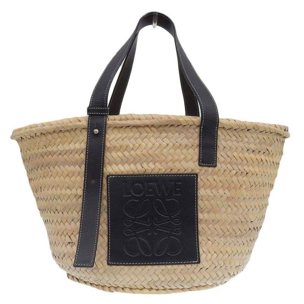 Loewe Women’s Leather-trimmed Basket Bag black leather straw bag